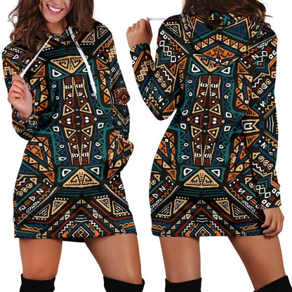 Boho Tribal Aztec Pattern Print Hoodie Dress GearFrost