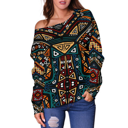 Boho Tribal Aztec Pattern Print Off Shoulder Sweatshirt GearFrost
