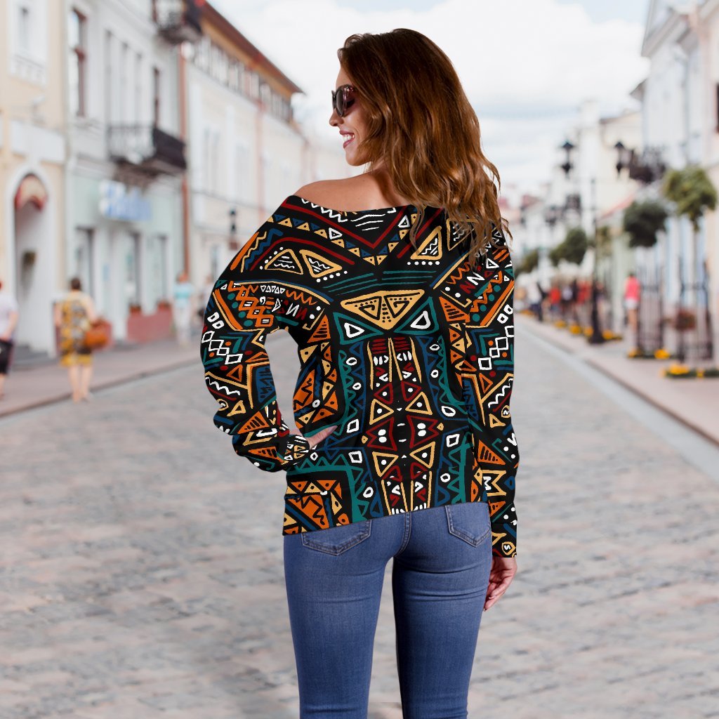 Boho Tribal Aztec Pattern Print Off Shoulder Sweatshirt GearFrost
