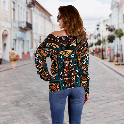 Boho Tribal Aztec Pattern Print Off Shoulder Sweatshirt GearFrost