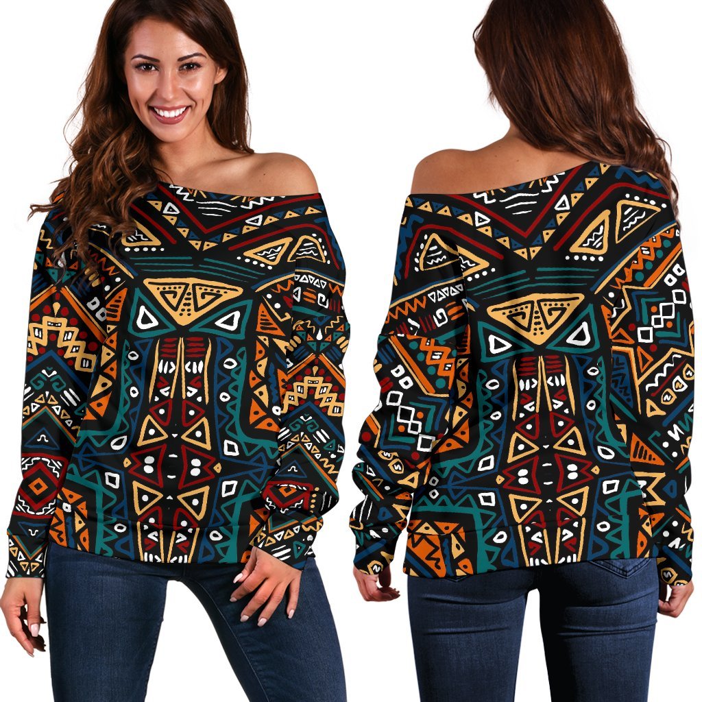 Boho Tribal Aztec Pattern Print Off Shoulder Sweatshirt GearFrost