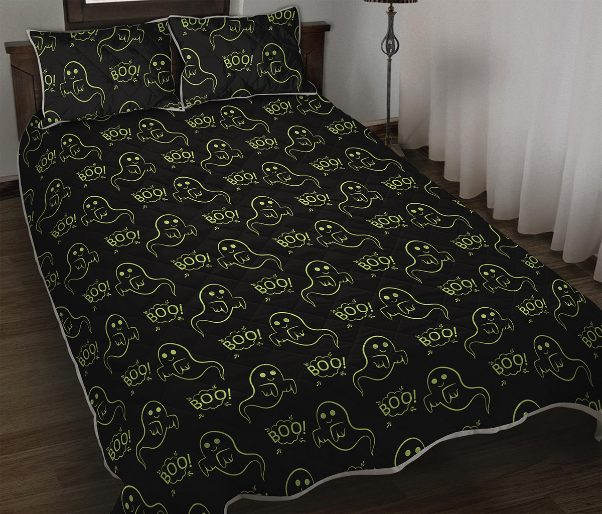 Boo Ghost Pattern Print Quilt Bed Set