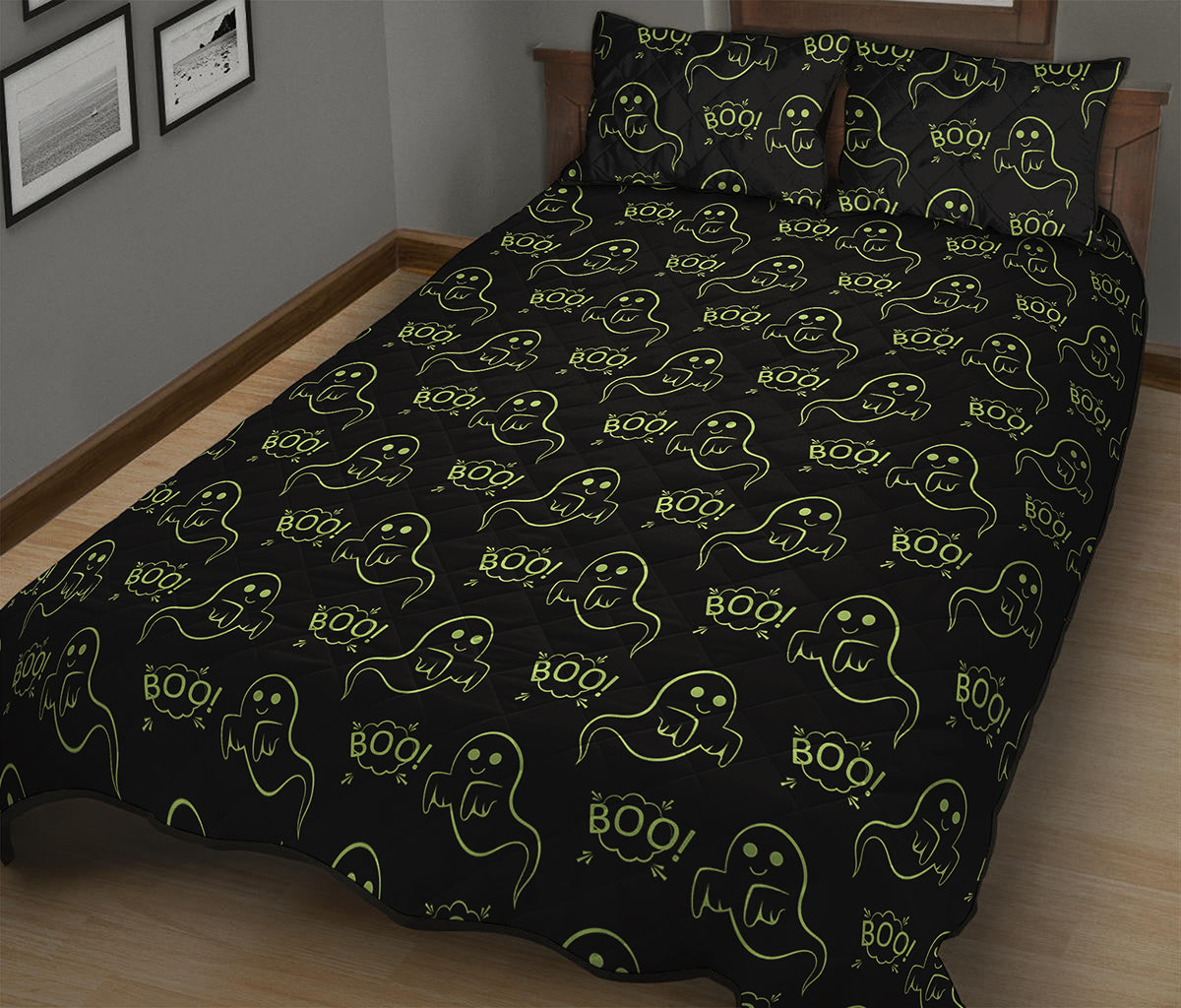 Boo Ghost Pattern Print Quilt Bed Set