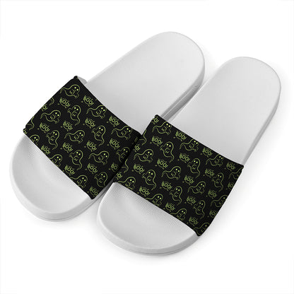 Boo Ghost Pattern Print White Slide Sandals