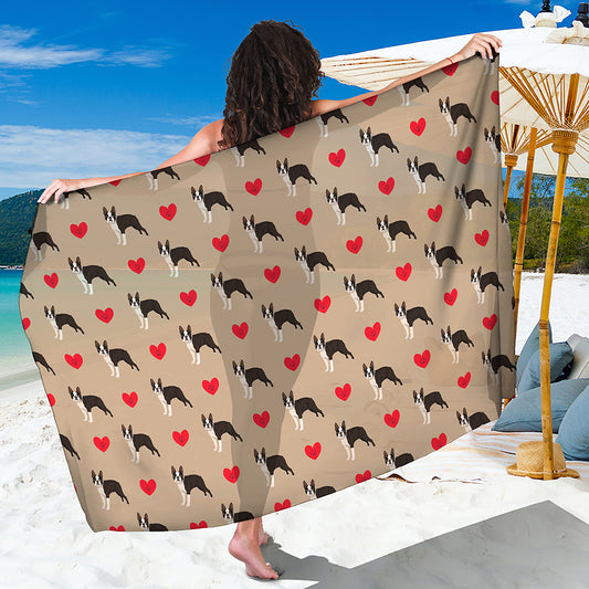 Boston Terrier Heart Pattern Print Beach Sarong Wrap