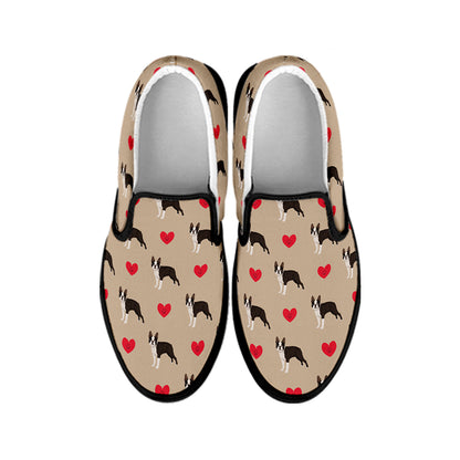Boston Terrier Heart Pattern Print Black Slip On Shoes