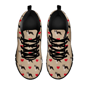 Boston Terrier Heart Pattern Print Black Sneakers