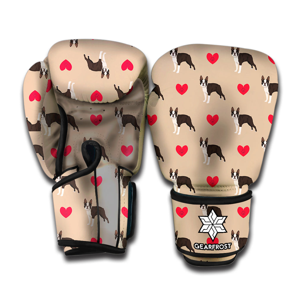 Boston Terrier Heart Pattern Print Boxing Gloves