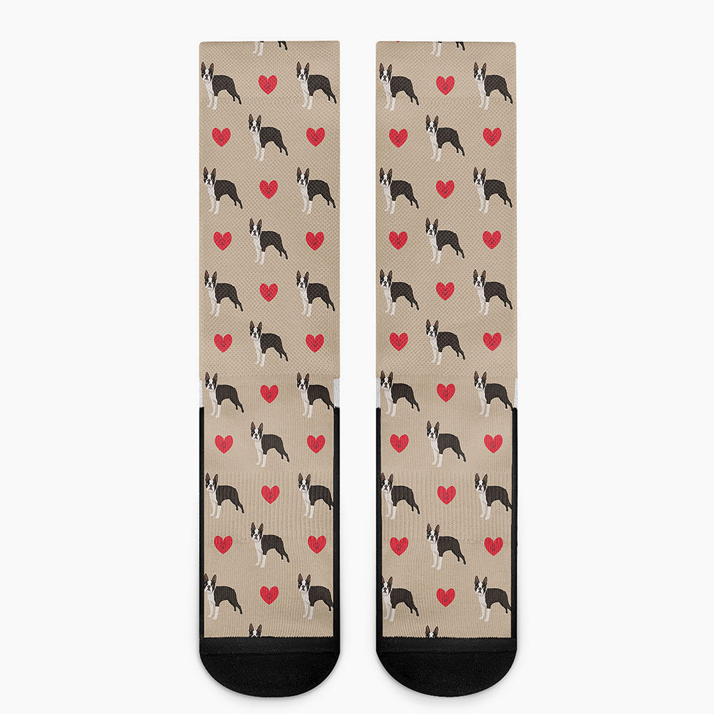 Boston Terrier Heart Pattern Print Crew Socks