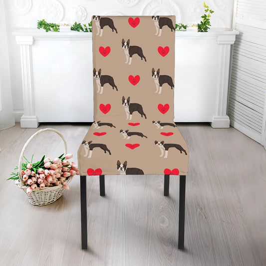 Boston Terrier Heart Pattern Print Dining Chair Slipcover