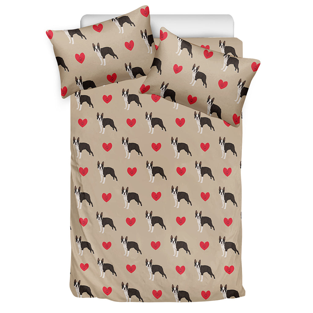 Boston Terrier Heart Pattern Print Duvet Cover Bedding Set