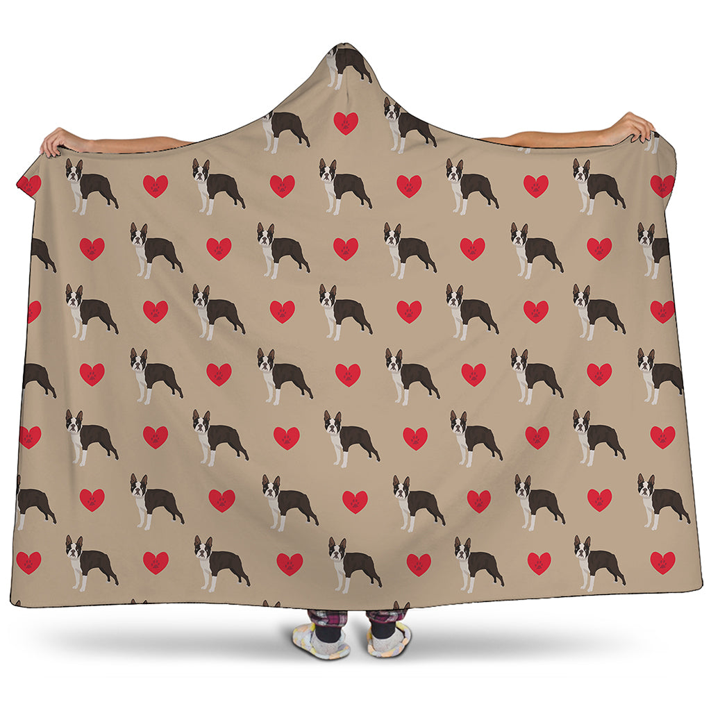 Boston Terrier Heart Pattern Print Hooded Blanket