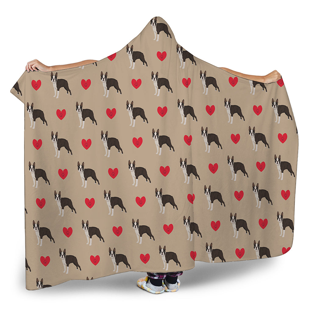 Boston Terrier Heart Pattern Print Hooded Blanket