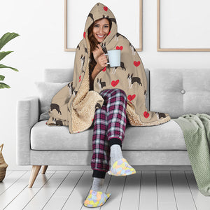 Boston Terrier Heart Pattern Print Hooded Blanket