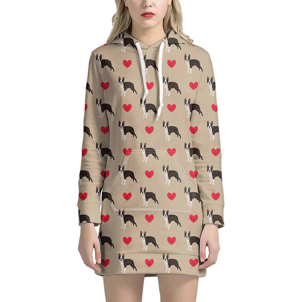 Boston Terrier Heart Pattern Print Hoodie Dress