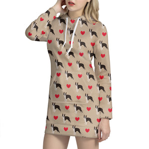 Boston Terrier Heart Pattern Print Hoodie Dress