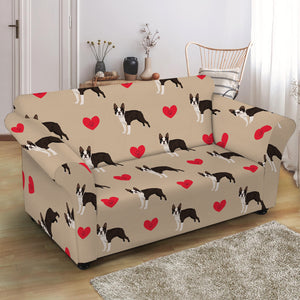 Boston Terrier Heart Pattern Print Loveseat Slipcover