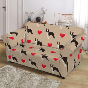 Boston Terrier Heart Pattern Print Loveseat Slipcover