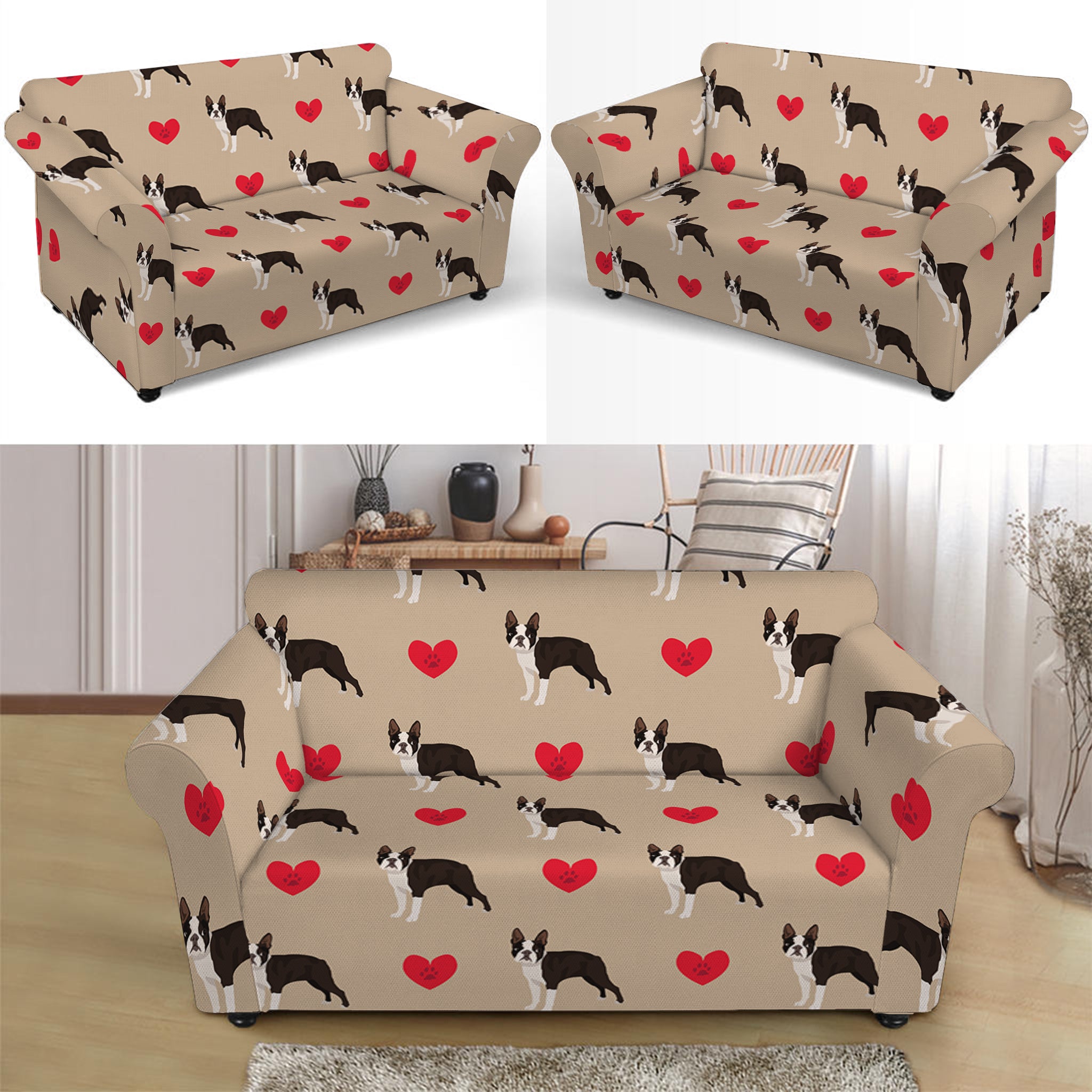 Boston Terrier Heart Pattern Print Loveseat Slipcover