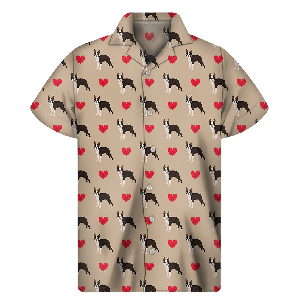 Boston Terrier Heart Pattern Print Men's Short Sleeve Shirt