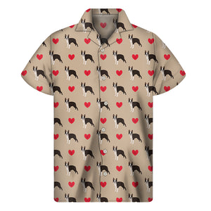 Boston Terrier Heart Pattern Print Men's Short Sleeve Shirt