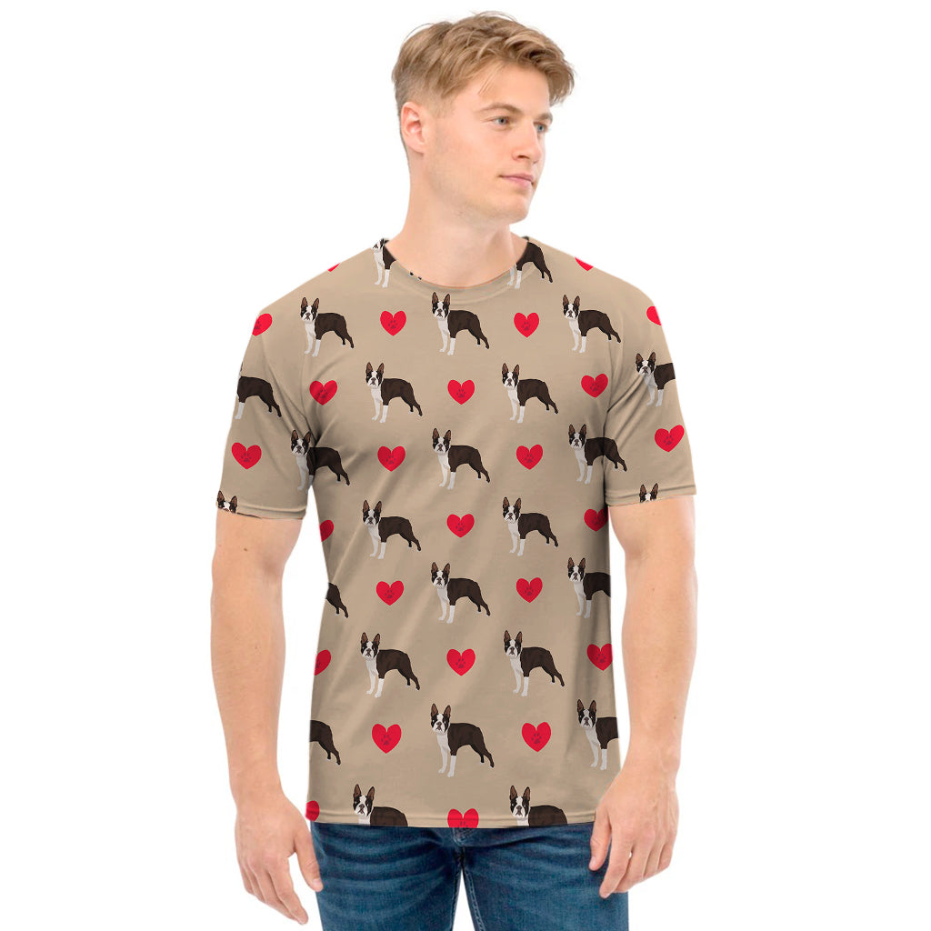 Boston Terrier Heart Pattern Print Men's T-Shirt