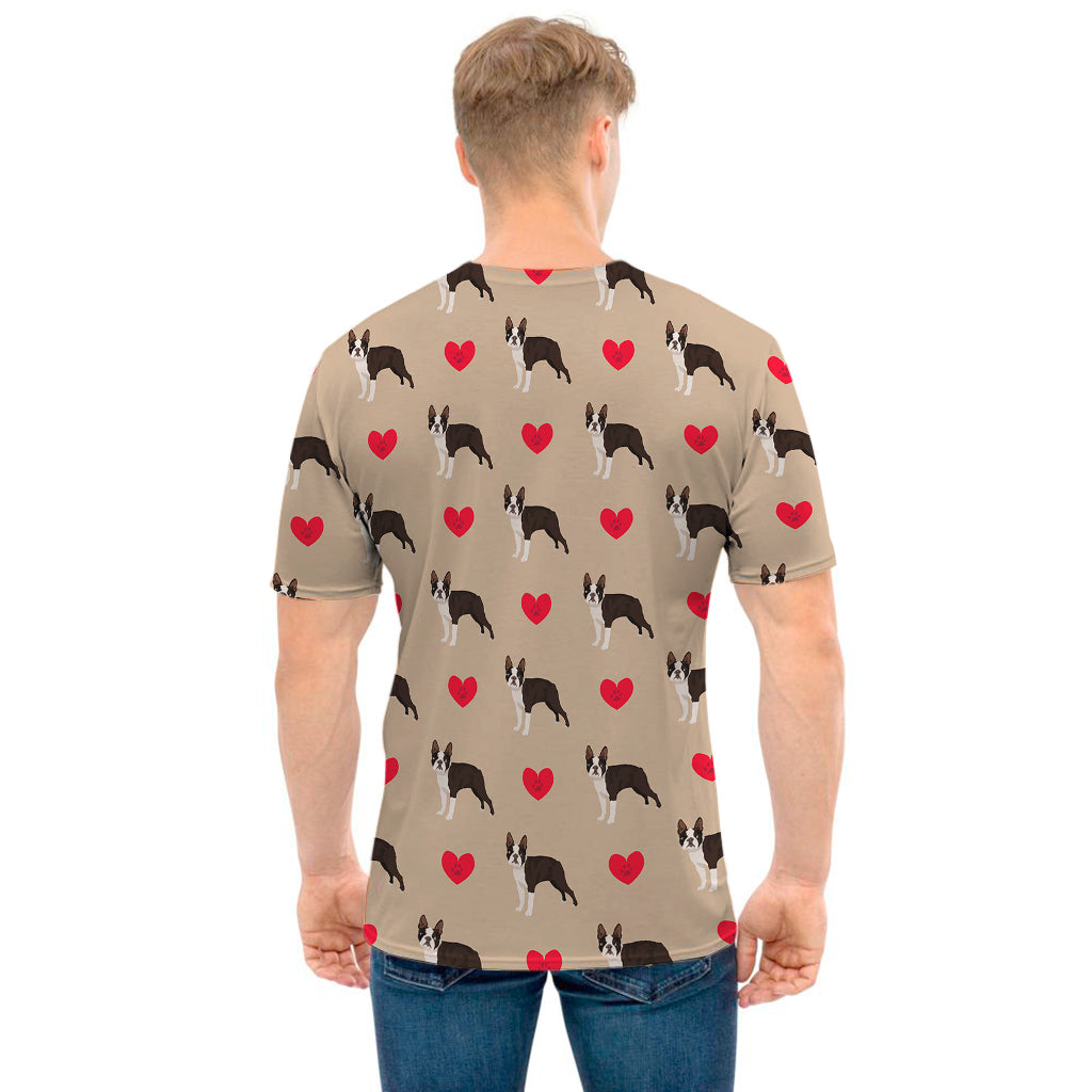 Boston Terrier Heart Pattern Print Men's T-Shirt