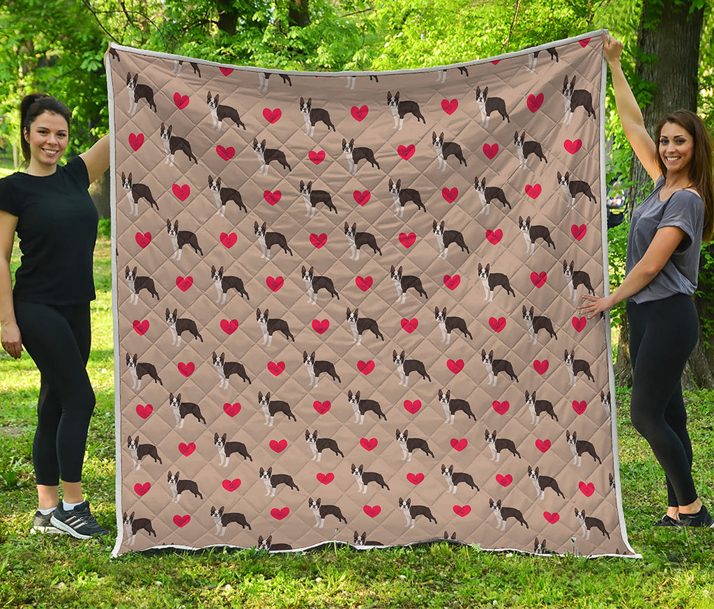 Boston Terrier Heart Pattern Print Quilt