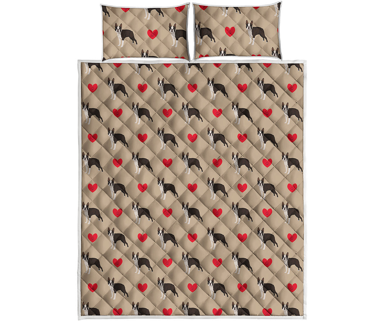 Boston Terrier Heart Pattern Print Quilt Bed Set