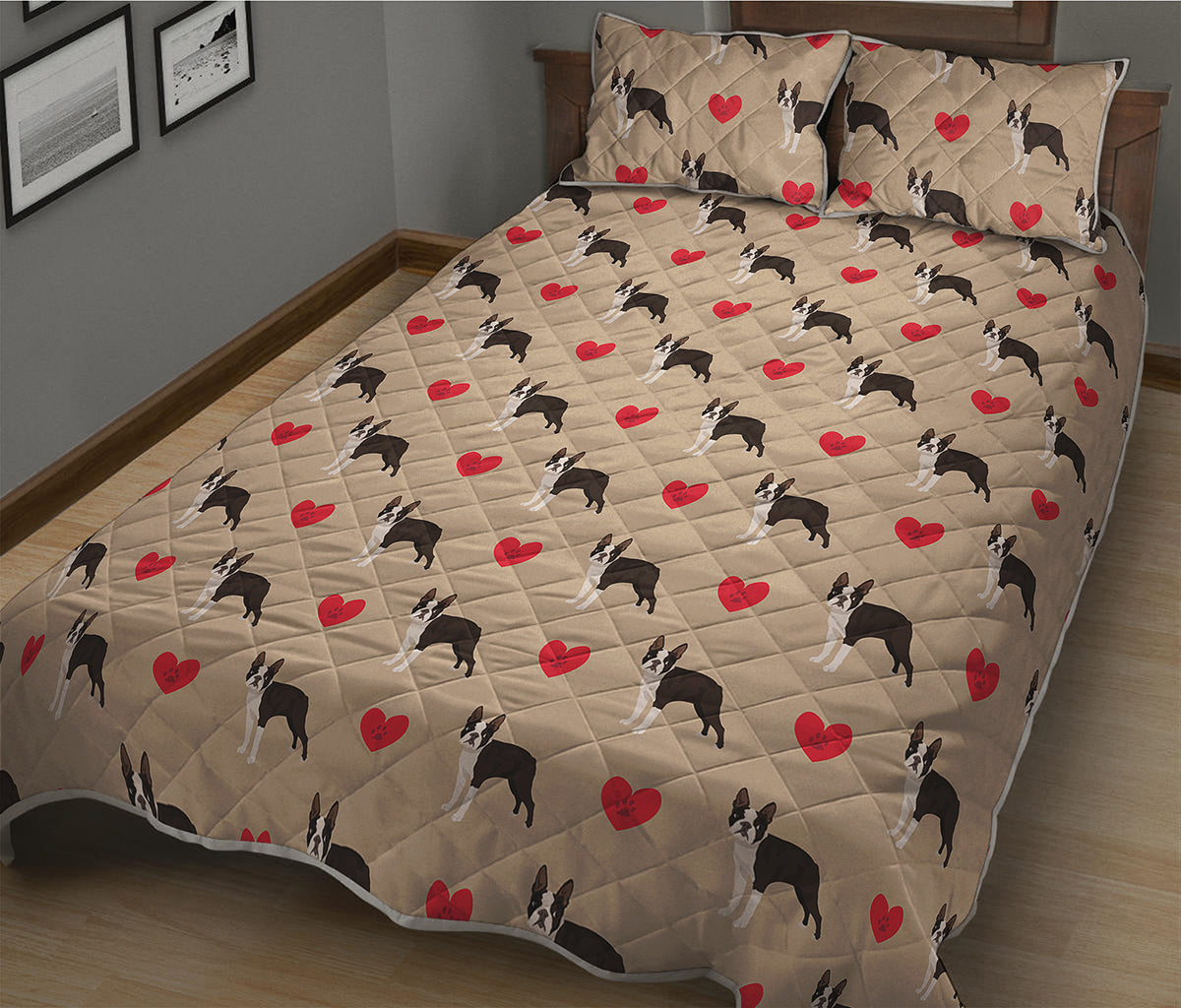 Boston Terrier Heart Pattern Print Quilt Bed Set