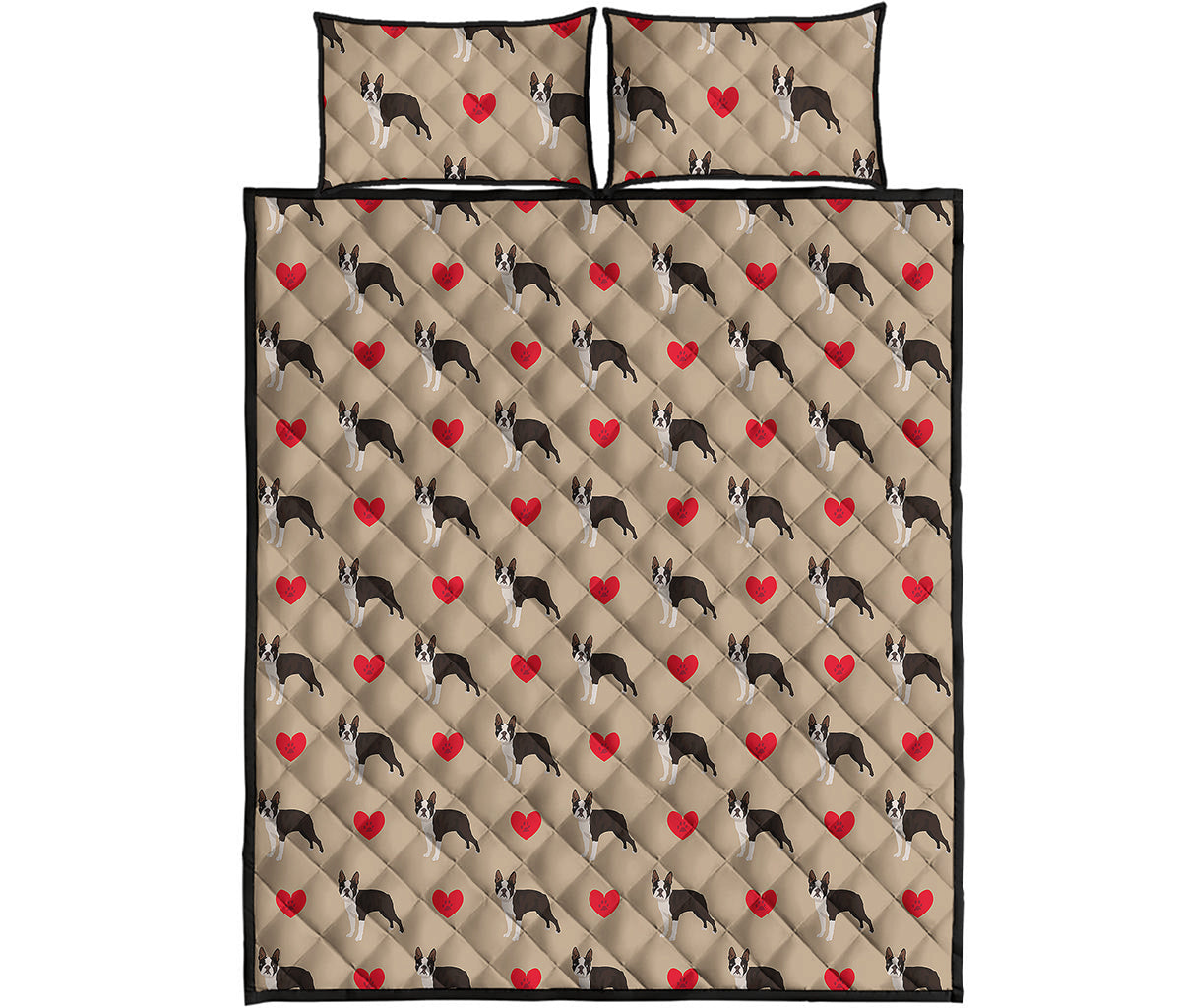 Boston Terrier Heart Pattern Print Quilt Bed Set