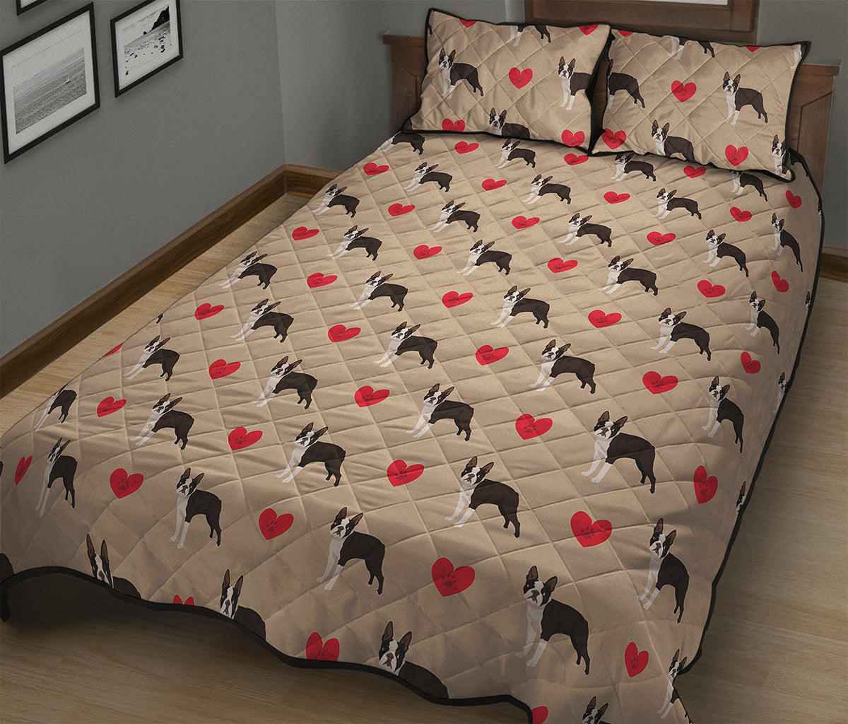 Boston Terrier Heart Pattern Print Quilt Bed Set