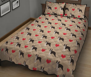 Boston Terrier Heart Pattern Print Quilt Bed Set