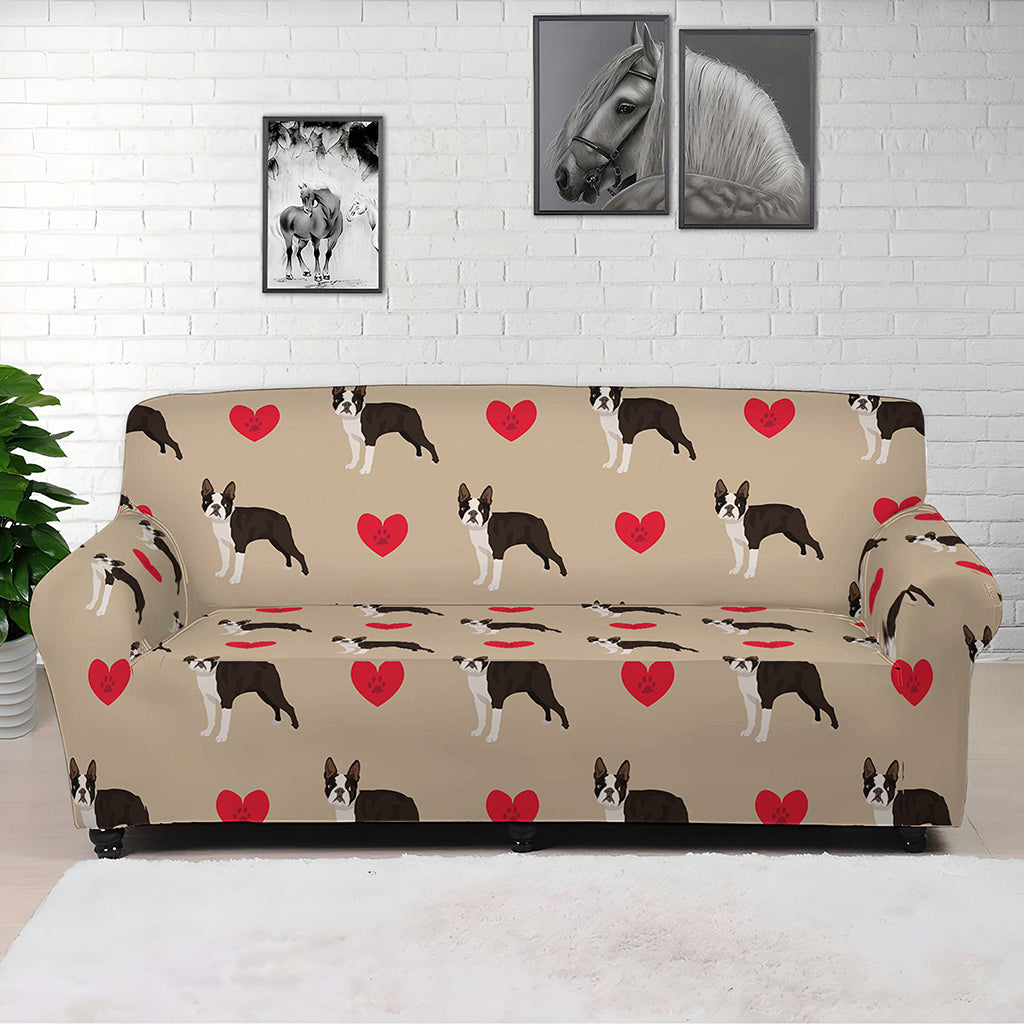 Boston Terrier Heart Pattern Print Sofa Cover