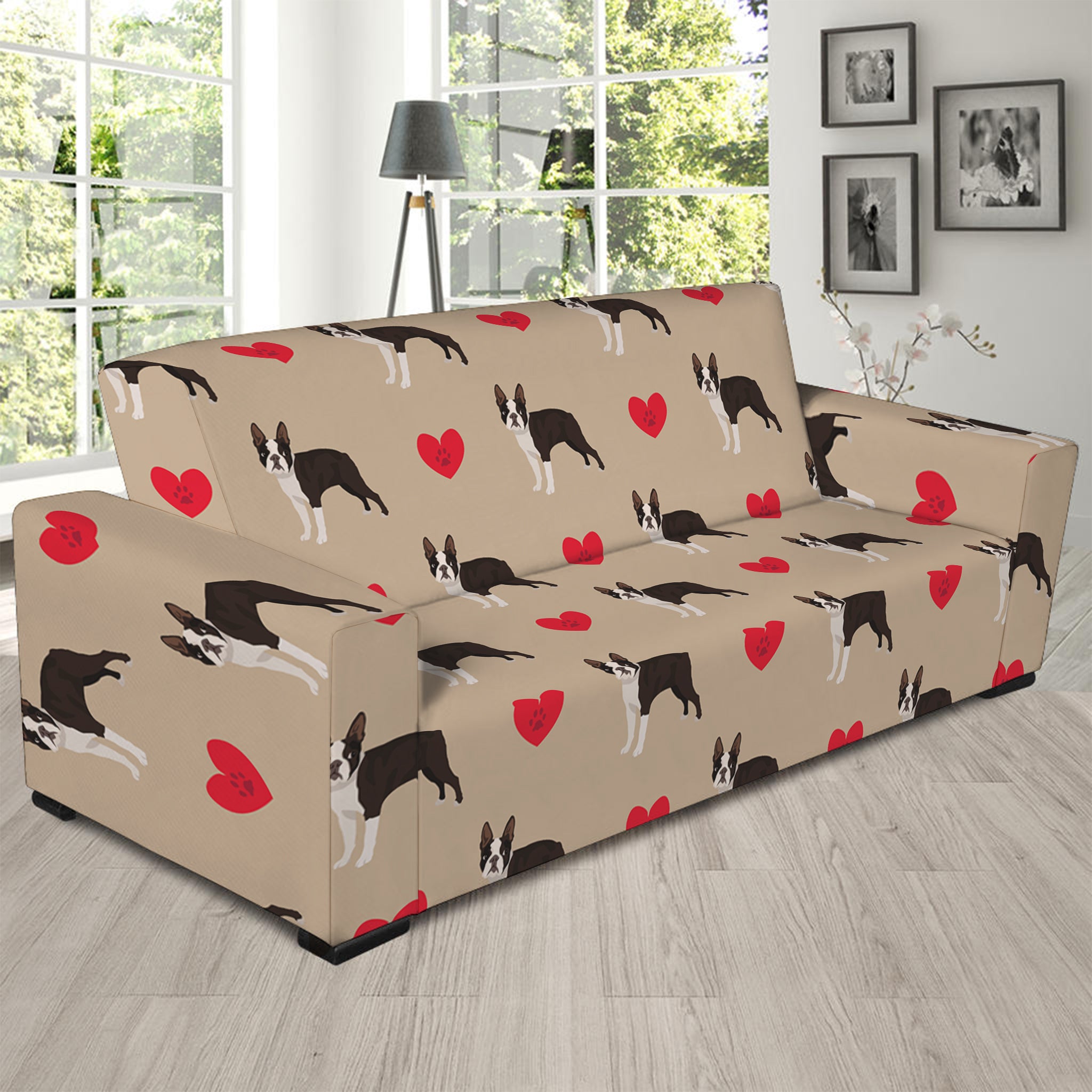 Boston Terrier Heart Pattern Print Sofa Slipcover