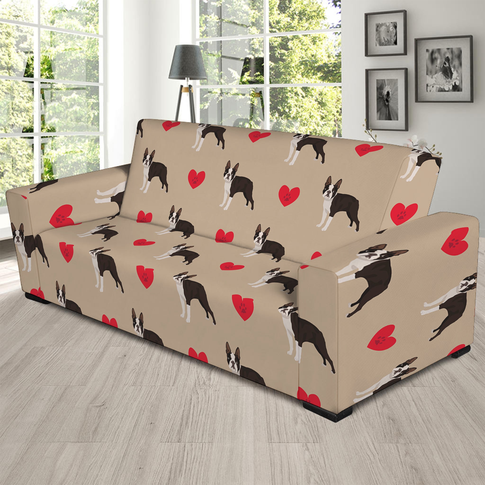 Boston Terrier Heart Pattern Print Sofa Slipcover