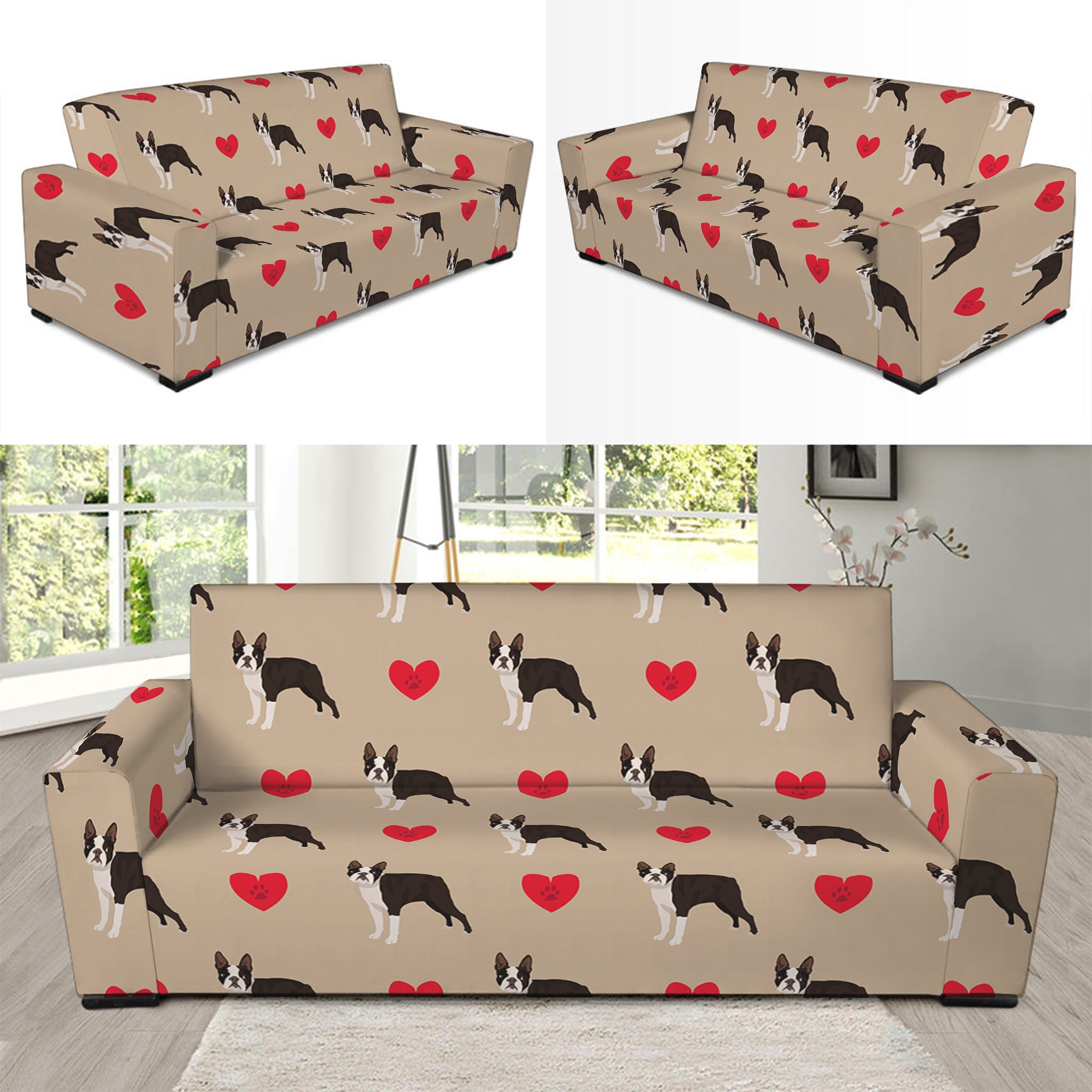 Boston Terrier Heart Pattern Print Sofa Slipcover