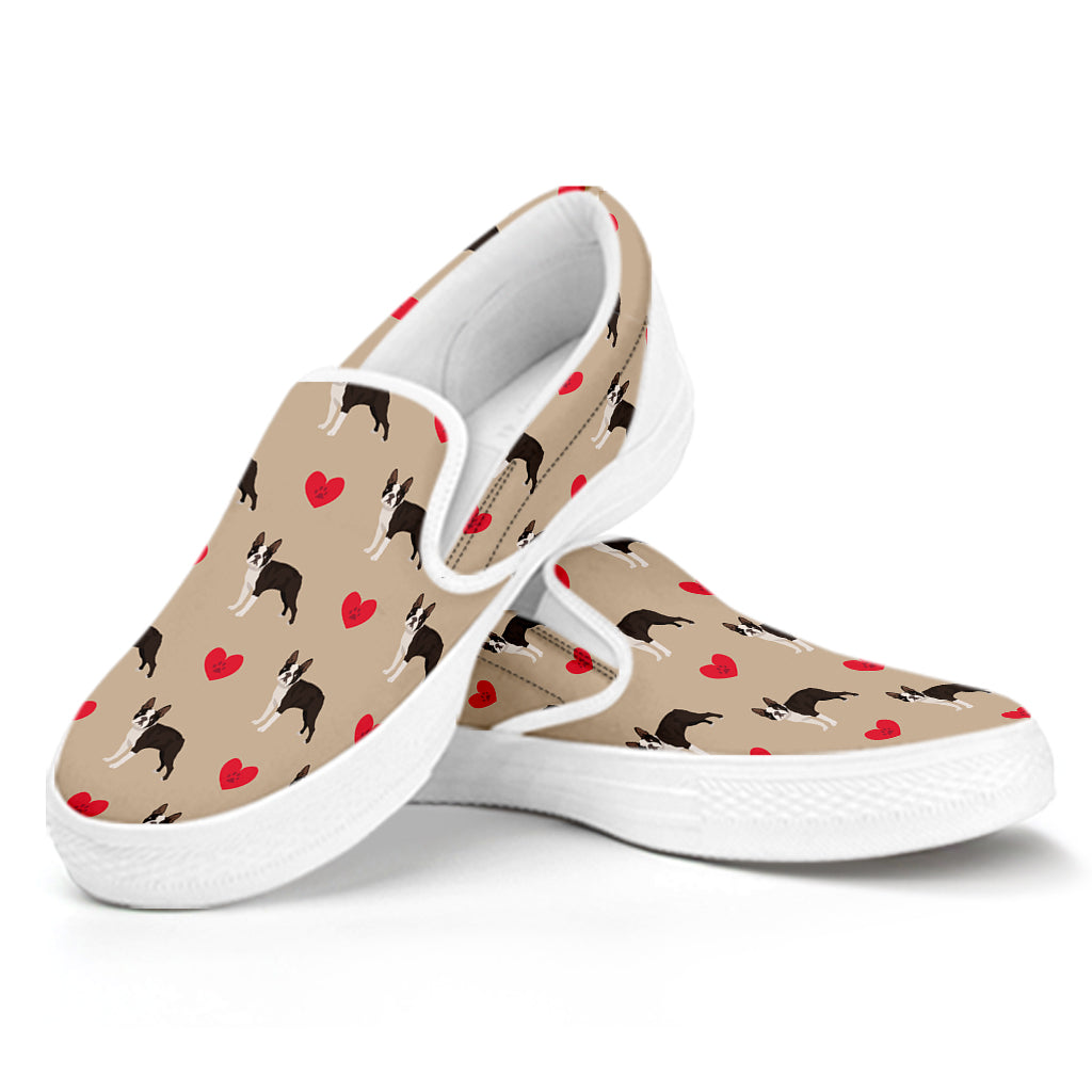 Boston Terrier Heart Pattern Print White Slip On Shoes