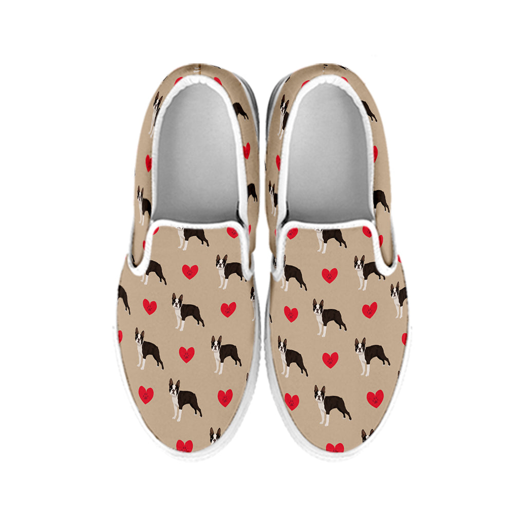 Boston Terrier Heart Pattern Print White Slip On Shoes