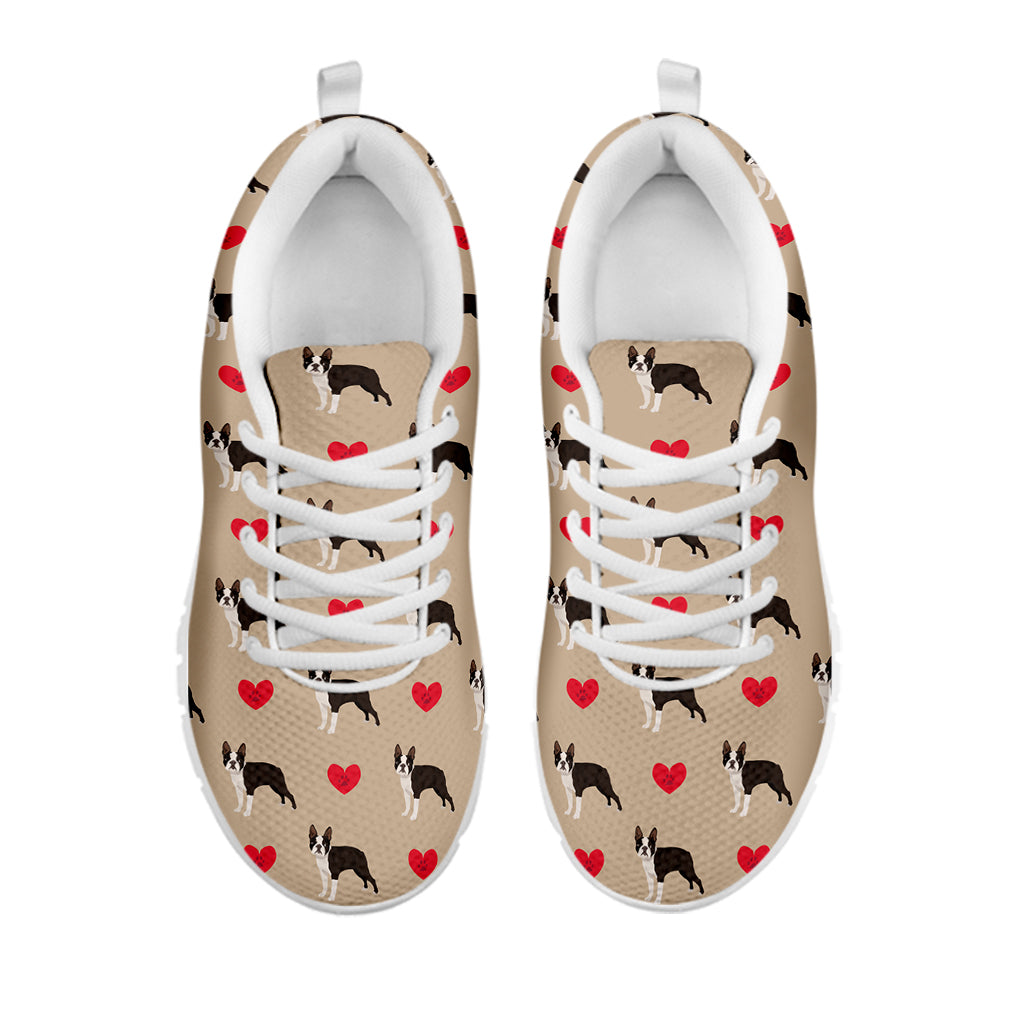 Boston Terrier Heart Pattern Print White Sneakers