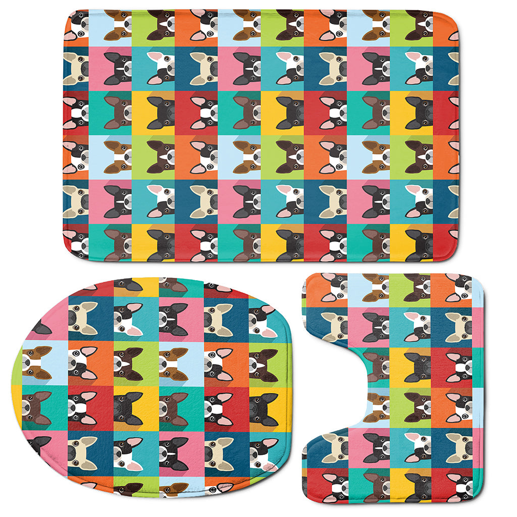 Boston Terrier Puppy Faces Print 3 Piece Bath Mat Set