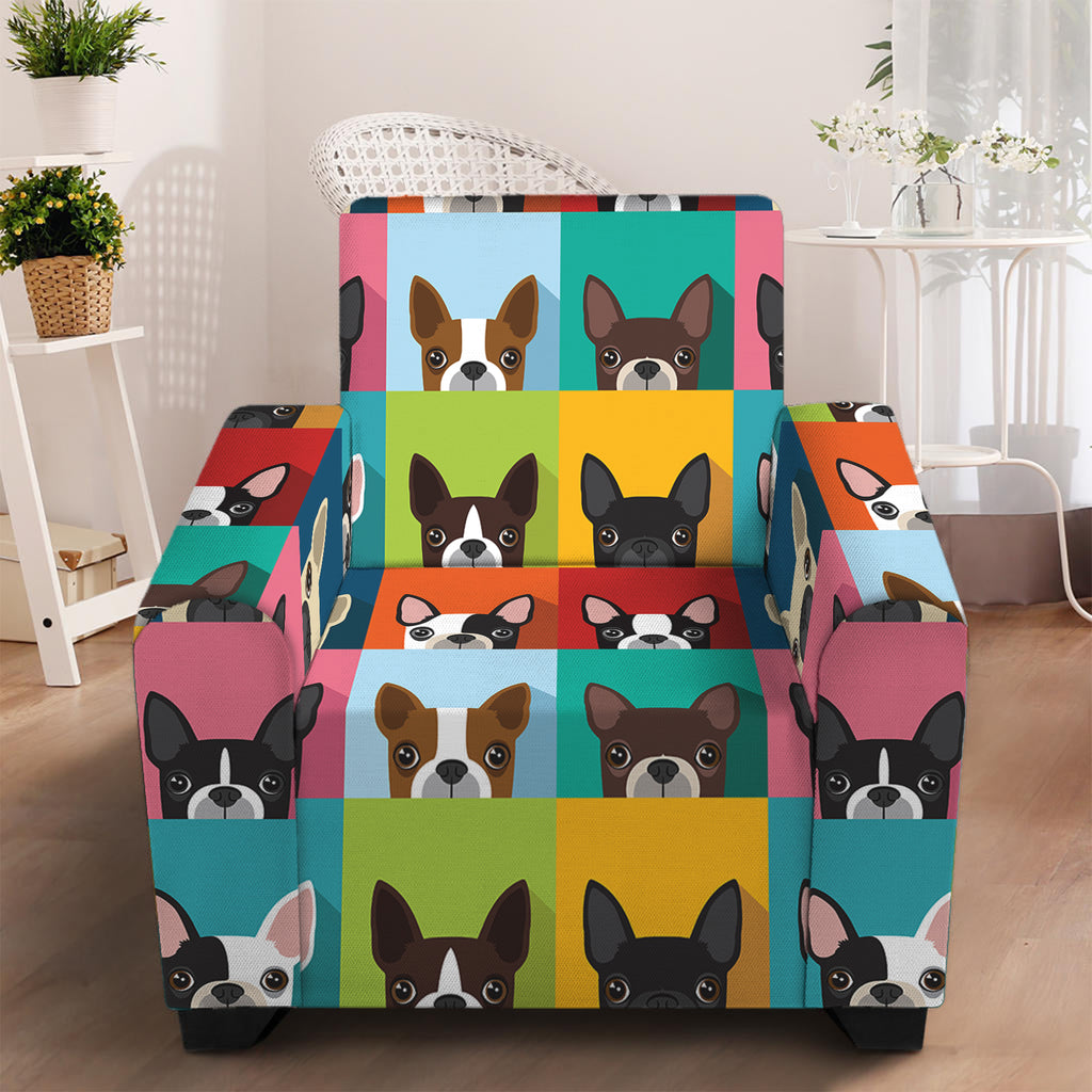 Boston Terrier Puppy Faces Print Armchair Slipcover