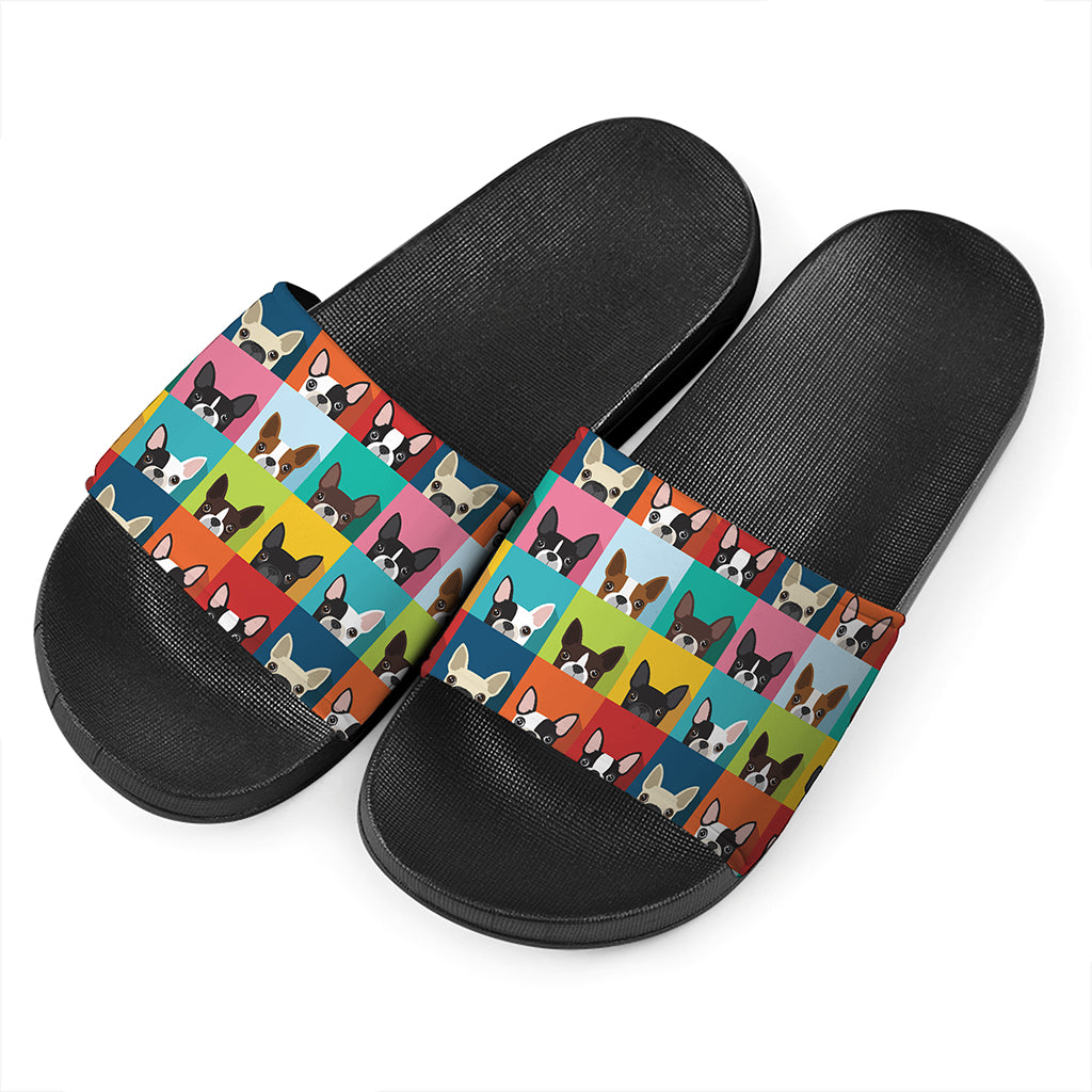 Boston Terrier Puppy Faces Print Black Slide Sandals