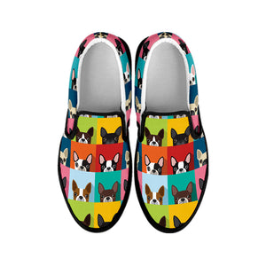 Boston Terrier Puppy Faces Print Black Slip On Shoes