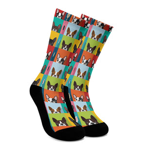 Boston Terrier Puppy Faces Print Crew Socks