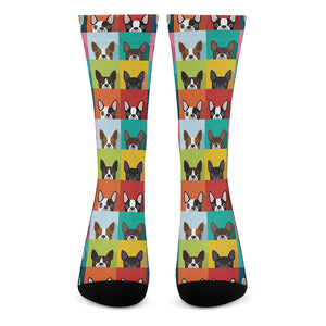 Boston Terrier Puppy Faces Print Crew Socks