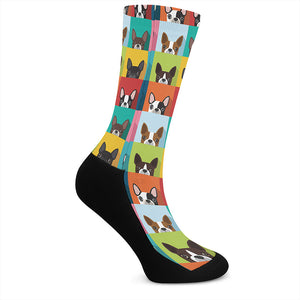 Boston Terrier Puppy Faces Print Crew Socks