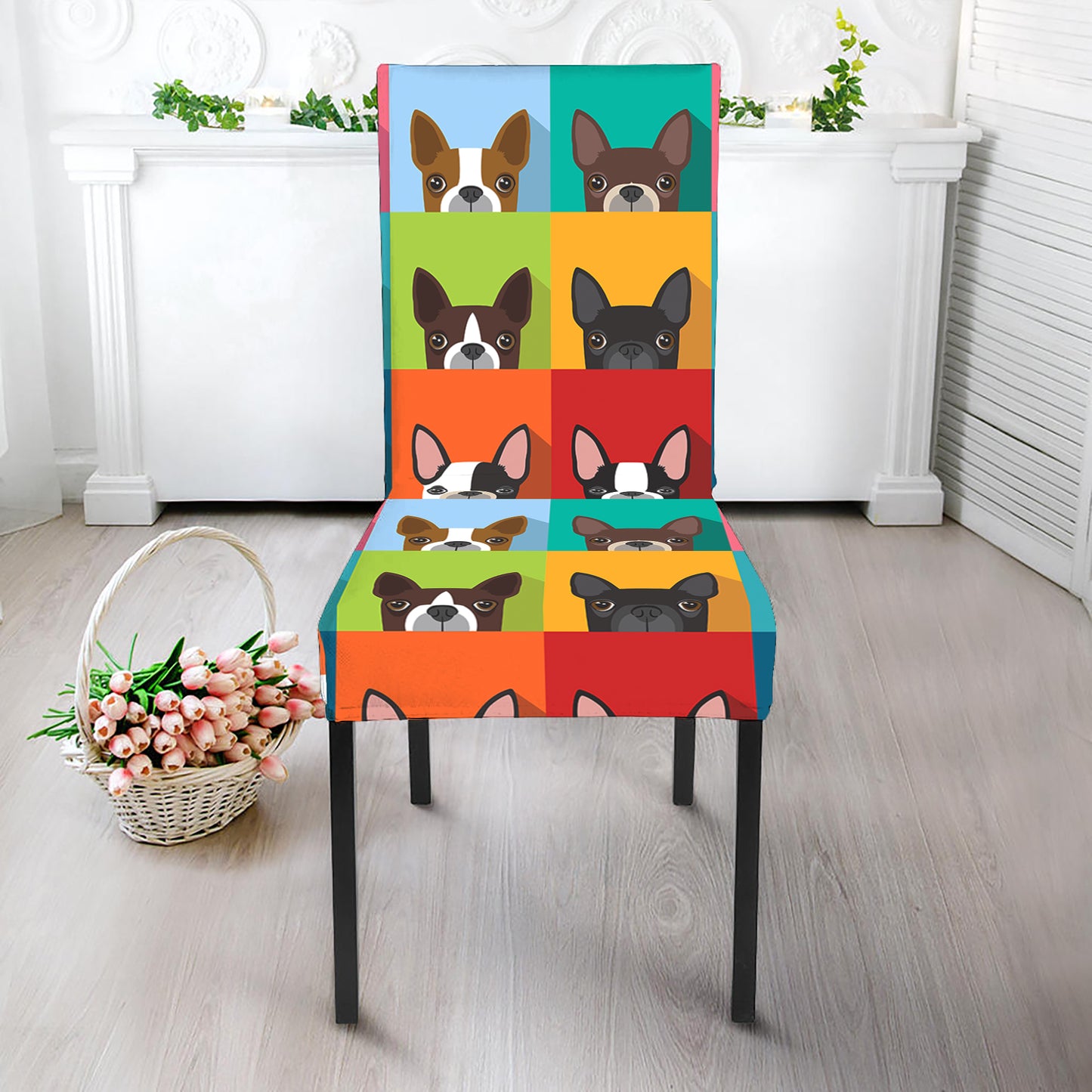 Boston Terrier Puppy Faces Print Dining Chair Slipcover