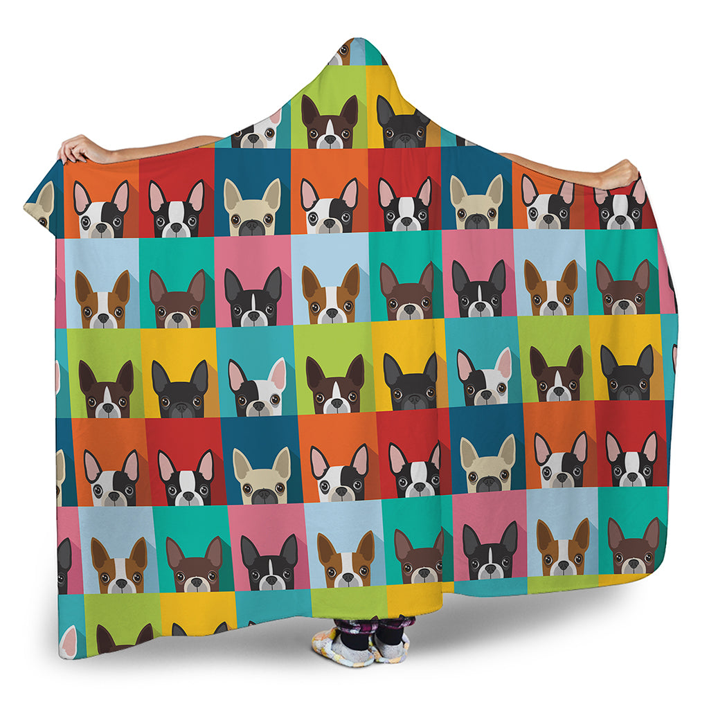 Boston Terrier Puppy Faces Print Hooded Blanket