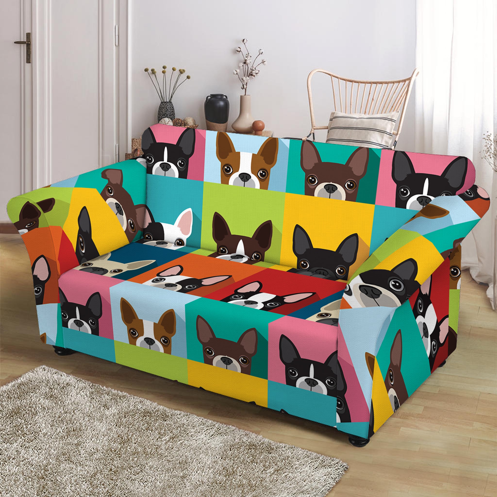 Boston Terrier Puppy Faces Print Loveseat Slipcover